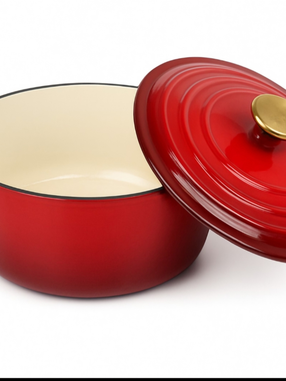 Red Enameled Dutch Oven with Gold Knob - Classic Round Casserole